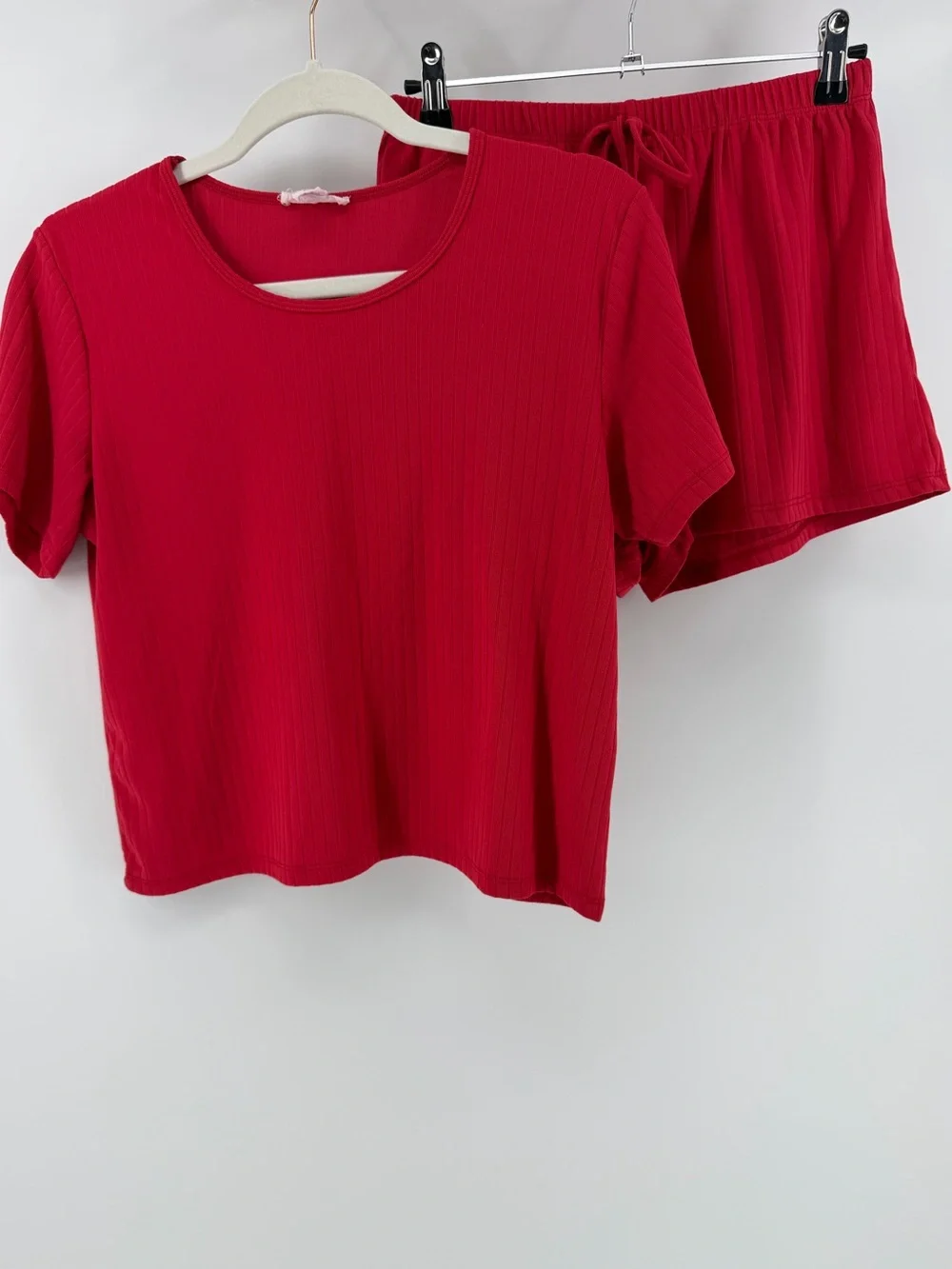 Capella Red Ribbed Pajama Loungewear Top & Shorts Matching Set, Size Large